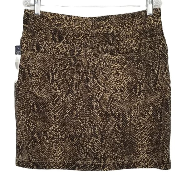 Chaps NWT Size 12 Skirt Knee Snake Reptile Print Stretch Denim Pockets Brown - Picture 2 of 7